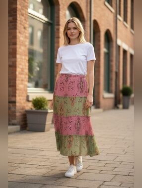 Bala Bala Pleated Boho Maxi Skirt Pink & Green Paisley Tiered XL